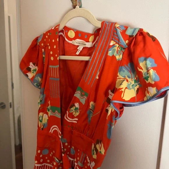 Marc Jacobs Silk Lined Red Print Wrap Midi Dress - Picture 5 of 5